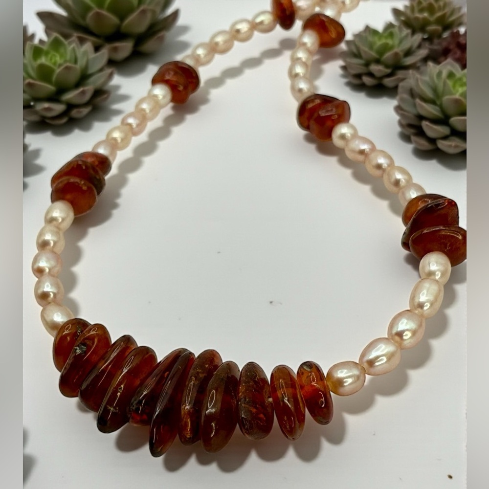 Genuine Amber & Freshwater Pearl Necklace – 18” - Picture 15 of 17